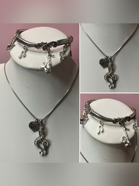 Silver-Tone Musical Note Necklace & Charm Bracelet Set